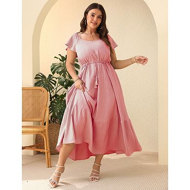 Women's Plus Size Flowy Maxi Dress Summer Flutter Sleeve Square Neck Ankle Length Dress