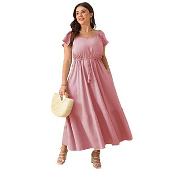 Women's Plus Size Flowy Maxi Dress Summer Flutter Sleeve Square Neck Ankle Length Dress