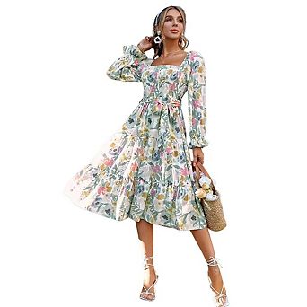Women's Square Neck Smocked Midi Dress Casual Ruffle Long Sleeve Floral Print Flowy Party Dresses