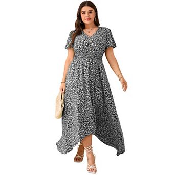 Women's Plus Size Flutter Short Sleeve V-Neck Midi Dress