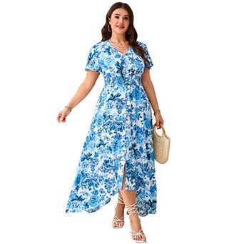 Women's Plus Size Flutter Short Sleeve V-Neck Midi Dress