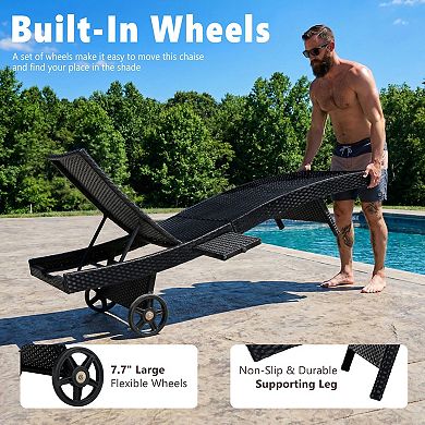 80 in.Outdoor Wicker Chaise Lounge Chairs with Adjustable Backrest and Rolling Wheels (2-Pack)