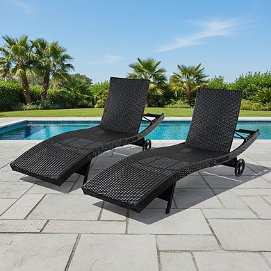 80 in.Outdoor Wicker Chaise Lounge Chairs with Adjustable Backrest and Rolling Wheels (2-Pack)