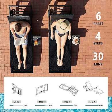 80 in.Outdoor Wicker Chaise Lounge Chairs with Adjustable Backrest and Rolling Wheels (2-Pack)