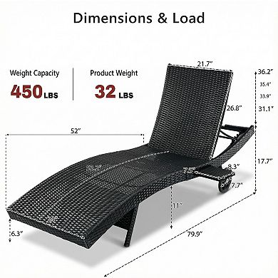 80 in.Outdoor Wicker Chaise Lounge Chairs with Adjustable Backrest and Rolling Wheels (2-Pack)