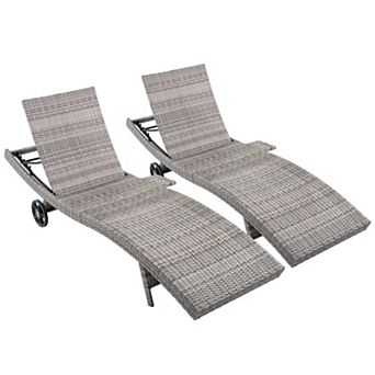80 in.Outdoor Wicker Chaise Lounge Chairs with Adjustable Backrest and Rolling Wheels (2-Pack)