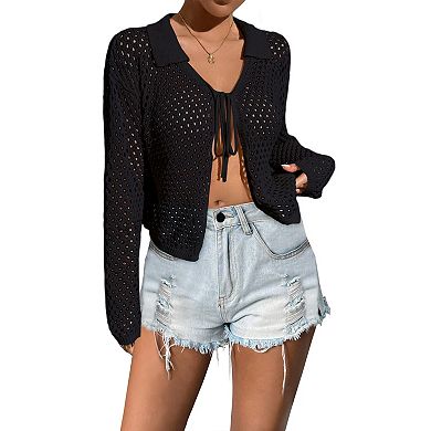 Womens Tie Front Crochet Collared Cardigan Lightweight Mesh Eyelet Long Sleeve Summer Cover up