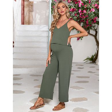 Women's Maternity Sleeveless Pants Romper V-Neck Jumpsuit