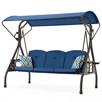 3-Seat Patio Porch Swing with Canopy Stand and Pillow Glider Chair Swing Bed for Backyard