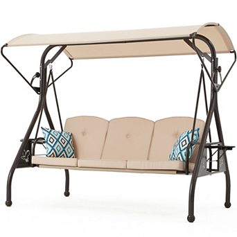 3-Seat Patio Porch Swing with Canopy Stand and Pillow Glider Chair Swing Bed for Backyard