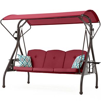 3-Seat Patio Porch Swing with Canopy Stand and Pillow Glider Chair Swing Bed for Backyard
