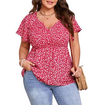 Women's Plus Size Shirt V Neck Smocked Floral Blouse Peplum Shirt Short Sleeve Tunic Top