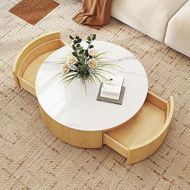 33.47" Round Marble Round Storage Coffee Table, White Sintered Stone Drum Storage Center Table