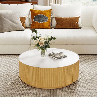 33.47" Round Marble Round Storage Coffee Table, White Sintered Stone Drum Storage Center Table