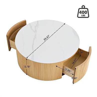 33.47" Round Marble Round Storage Coffee Table, White Sintered Stone Drum Storage Center Table