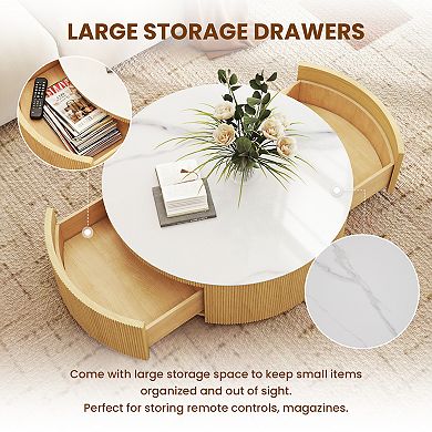 33.47" Round Marble Round Storage Coffee Table, White Sintered Stone Drum Storage Center Table