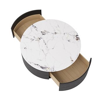 33.47" Round Marble Round Storage Coffee Table, White Sintered Stone Drum Storage Center Table