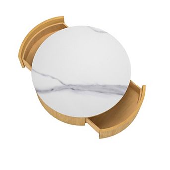 33.47" Round Marble Round Storage Coffee Table, White Sintered Stone Drum Storage Center Table