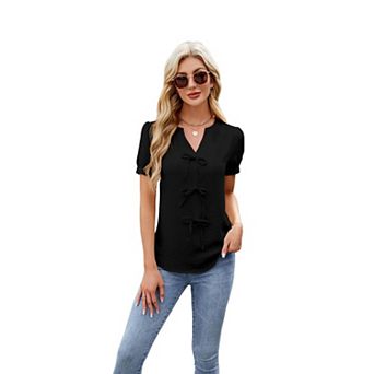 Women's Tops Bow Tie Front V Neck T Shirt Summer Short Sleeve Going Out Tops T-Shirt