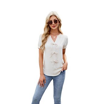 Women's Tops Bow Tie Front V Neck T Shirt Summer Short Sleeve Going Out Tops T-Shirt
