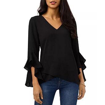 Women's Blouse Ruffle 3/4 Sleeve Tops V Neck Solid Color Business Casual Blouses Shirts
