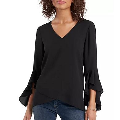 Women's Blouse Ruffle 3/4 Sleeve Tops V Neck Solid Color Business Casual Blouses Shirts