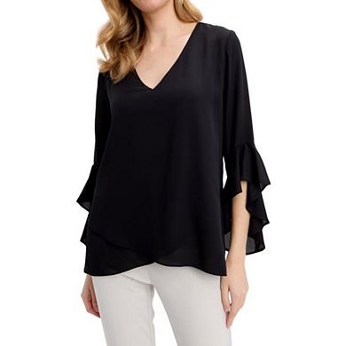 Women's Blouse Ruffle 3/4 Sleeve Tops V Neck Solid Color Business Casual Blouses Shirts