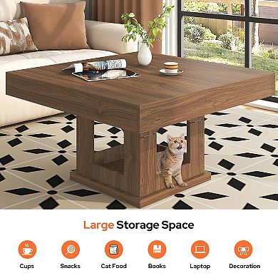 Brown Rustic Square Coffee Table with Cat House & Storage