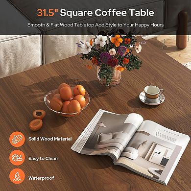 Brown Rustic Square Coffee Table with Cat House & Storage