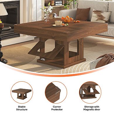 Brown Rustic Square Coffee Table with Cat House & Storage