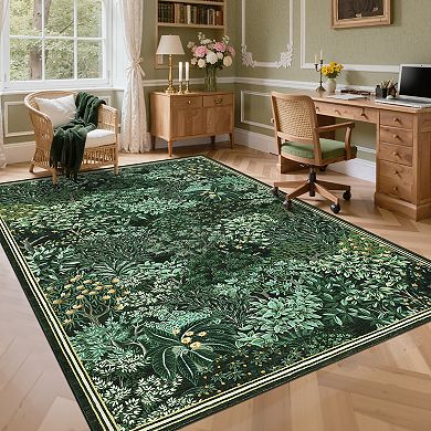 Botanical Forest Area Rug for Living Room, Washable Jungle Soft Low Pile Floor Cover