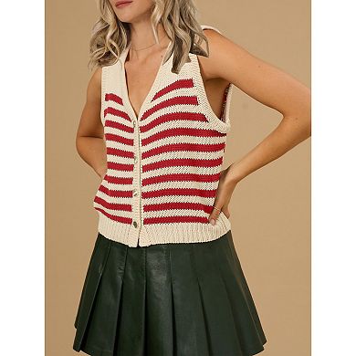 Women Knit Vest Tops Striped Sweaters Button Down Shirt Casual Sweaters Vest