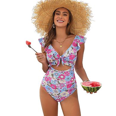 Women's Floral Print Ruffle Sleeve One Piece Swimsuit - Cutout Tie Front Open Back Bathing Suit