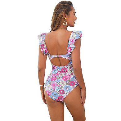 Women's Floral Print Ruffle Sleeve One Piece Swimsuit - Cutout Tie Front Open Back Bathing Suit