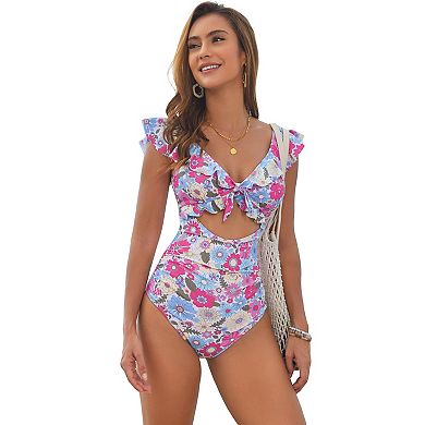 Women's Floral Print Ruffle Sleeve One Piece Swimsuit - Cutout Tie Front Open Back Bathing Suit