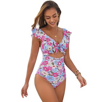 Women's Floral Print Ruffle Sleeve One Piece Swimsuit - Cutout Tie Front Open Back Bathing Suit