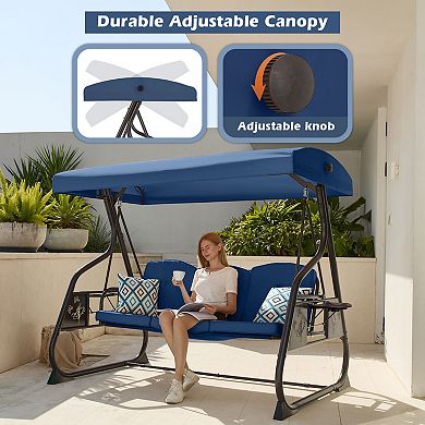 3-Seat Patio Porch Swing Removable Pillows and Foldable Side Tray for Balcony Garden Deck