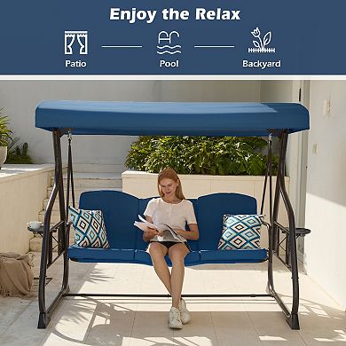 3-Seat Patio Porch Swing Removable Pillows and Foldable Side Tray for Balcony Garden Deck