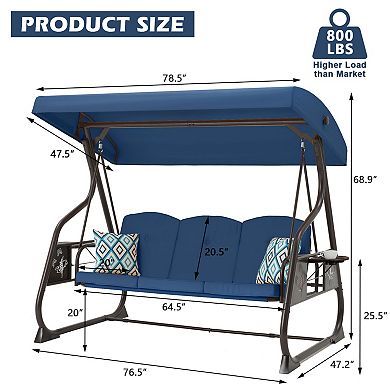 3-Seat Patio Porch Swing Removable Pillows and Foldable Side Tray for Balcony Garden Deck