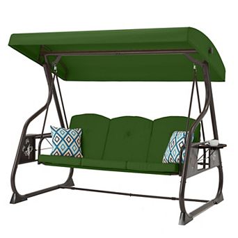 3-Seat Patio Porch Swing Removable Pillows and Foldable Side Tray for Balcony Garden Deck