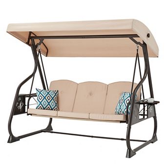 3-Seat Patio Porch Swing Removable Pillows and Foldable Side Tray for Balcony Garden Deck