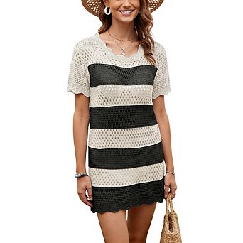 Women's Openwork Crochet Cover Up Dress Short Sleeve Striped Knit Mini Dress Beach Swimwear Cover Up