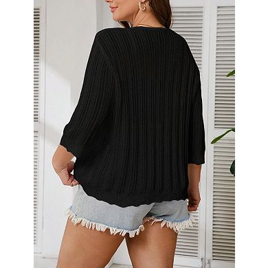 Women's Plus Size Open Front 3/4 Sleeve Round Neck Knit Cardigan Sweater