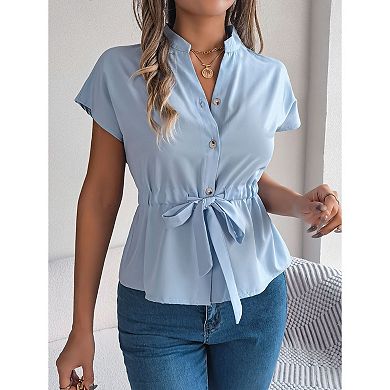 Womens Button Down Blouses Casual Peplum Summer Tops Dressy Chiffon Work Blouse