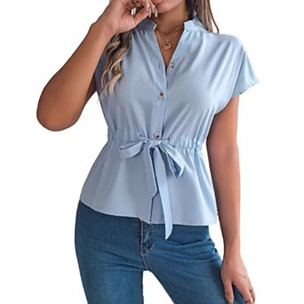 Womens Button Down Blouses Casual Peplum Summer Tops Dressy Chiffon Work Blouse