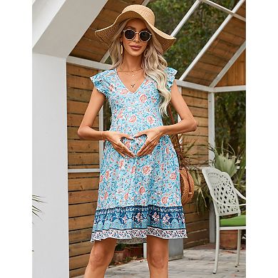 Women's Maternity V-Neck Flutter Sleeve Ruffle Hem Babydoll Midi Dress