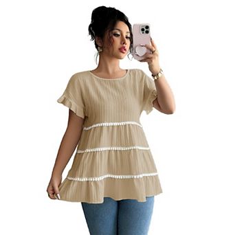Womens Summer Tops Business Casual Short Sleeve T shirts Dressy Ruffle Crew Neck T-shirts