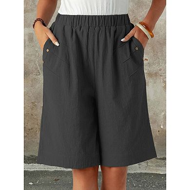 Women's Casual Elastic Waist Shorts Summer Straight Leg Short Pants with Side Pockets