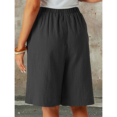Women's Casual Elastic Waist Shorts Summer Straight Leg Short Pants with Side Pockets