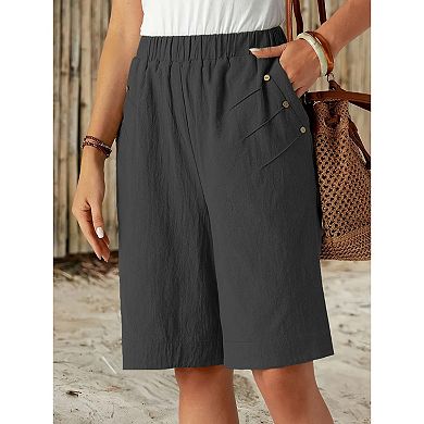 Women's Casual Elastic Waist Shorts Summer Straight Leg Short Pants with Side Pockets